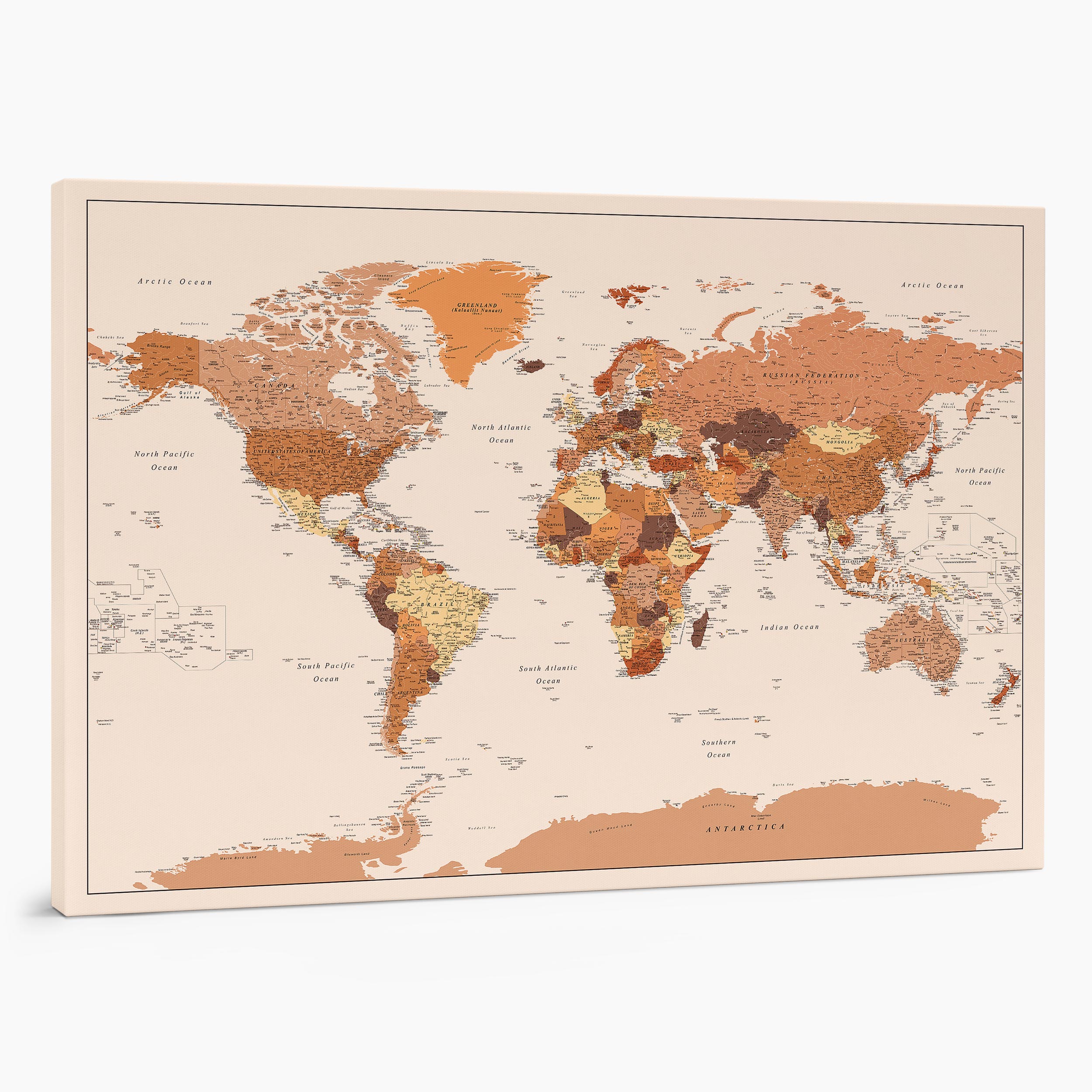 11P large push pin world map to track places visited on canvas light brown