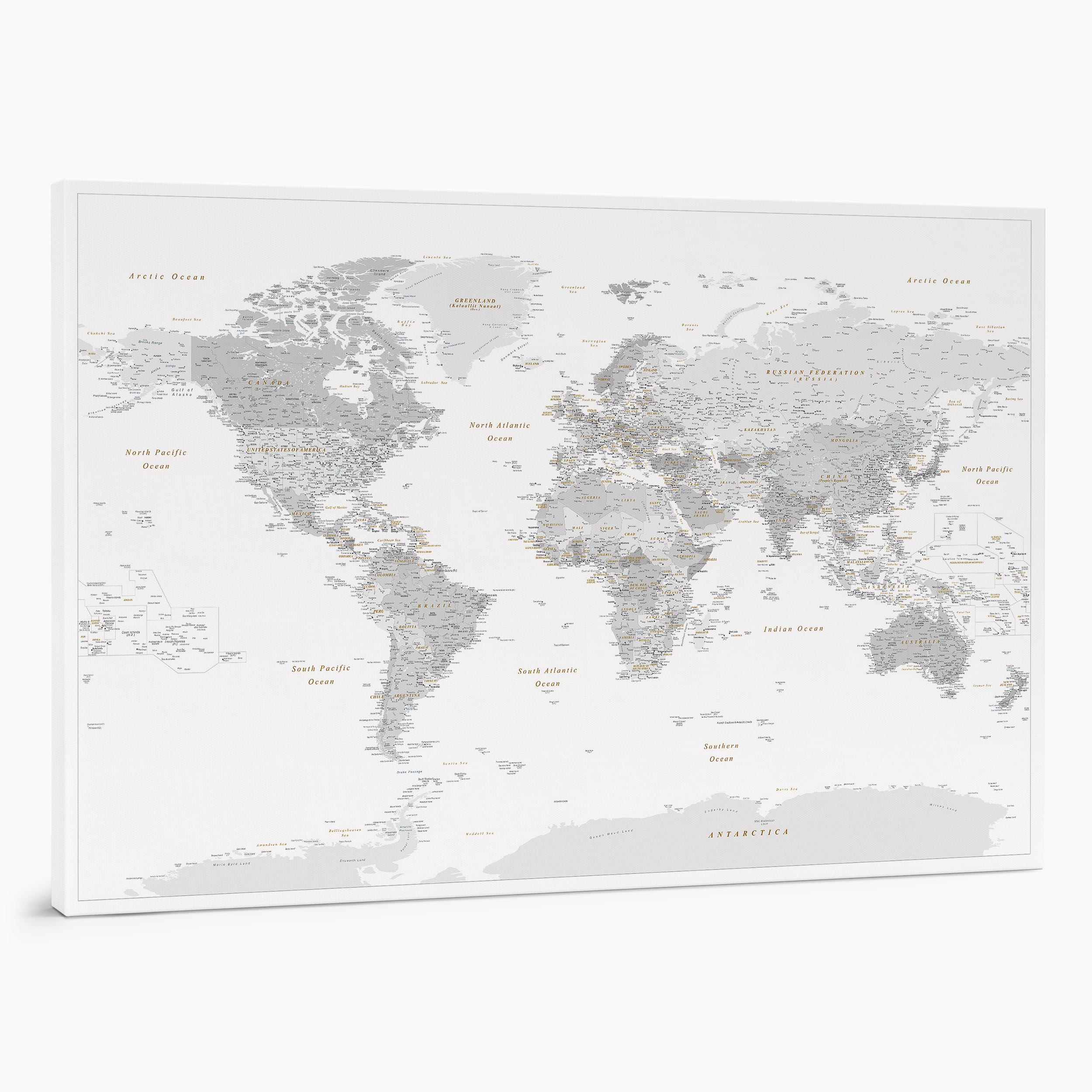 13P large push pin world map to track places visited on canvas grey white