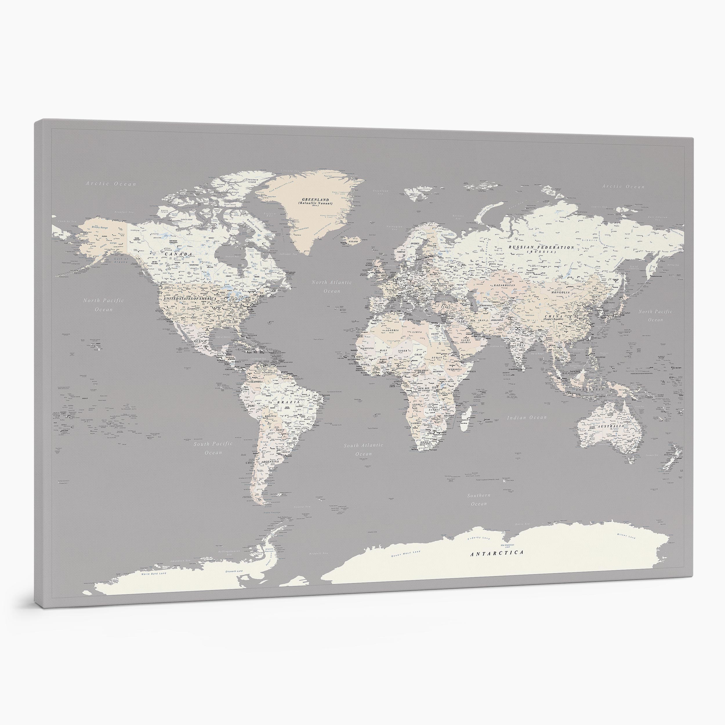 1P large push pin world map to track places visited on canvas grey cream