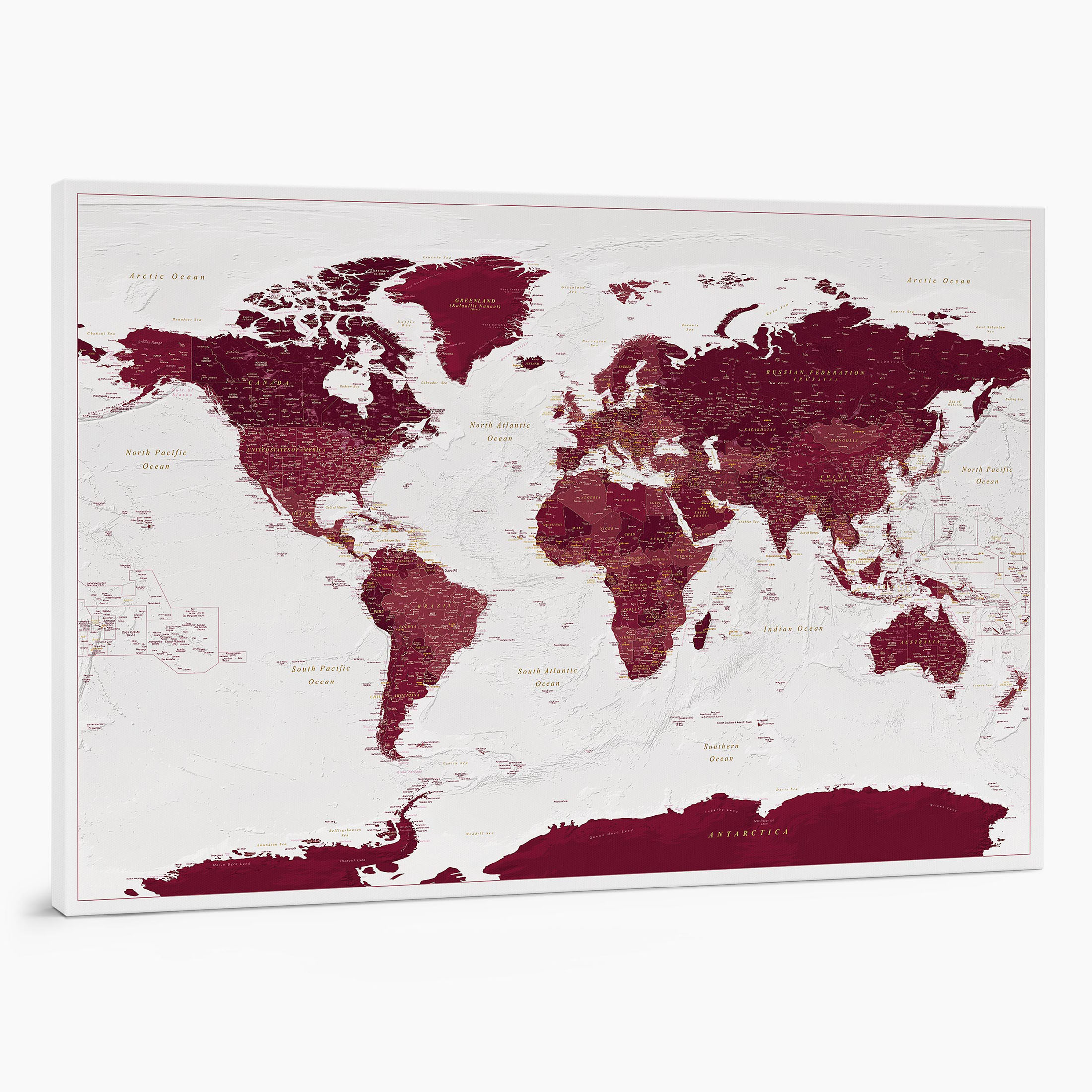 21P large push pin world map to track places visited on canvas burgundy