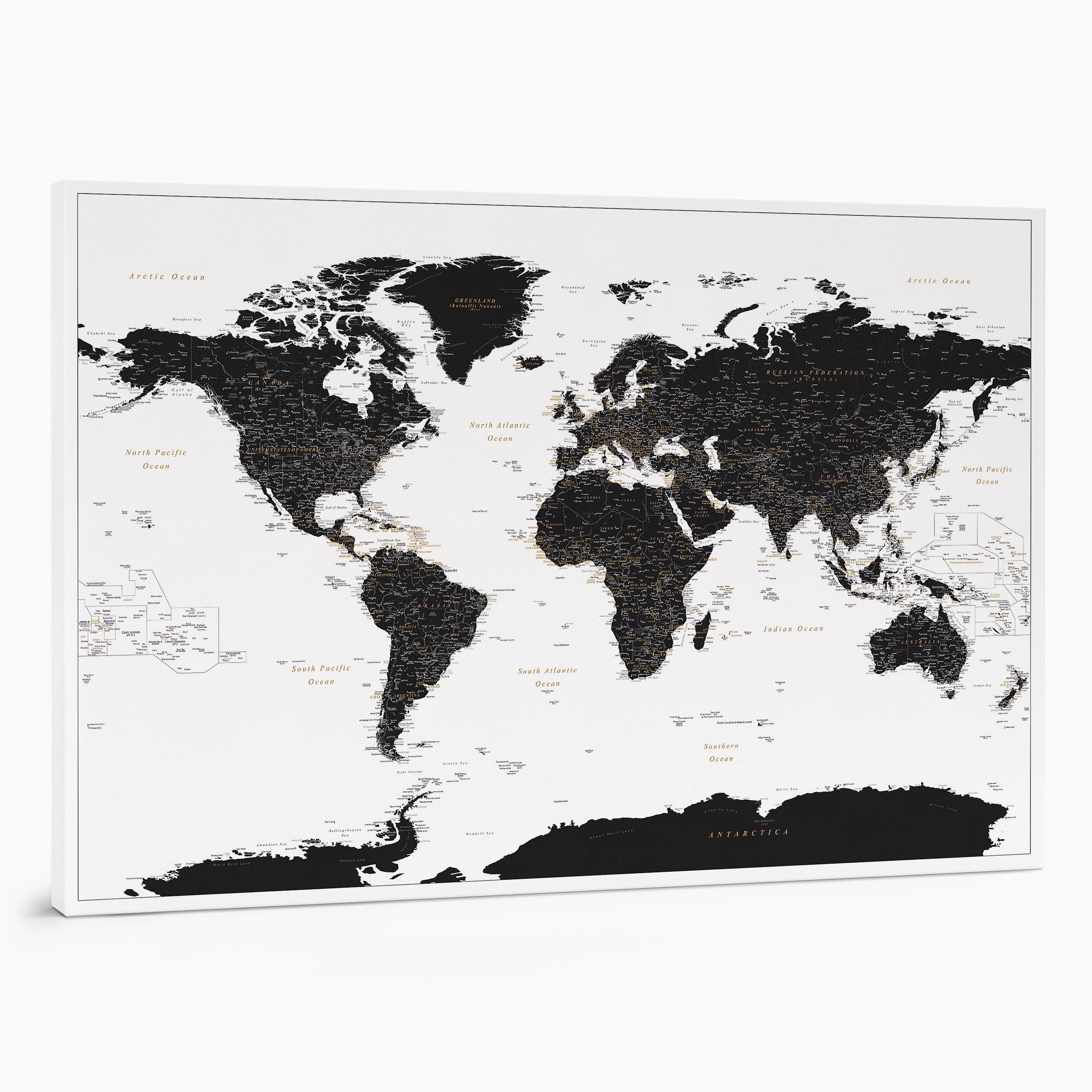 22P large push pin world map to track places visited on canvas black white