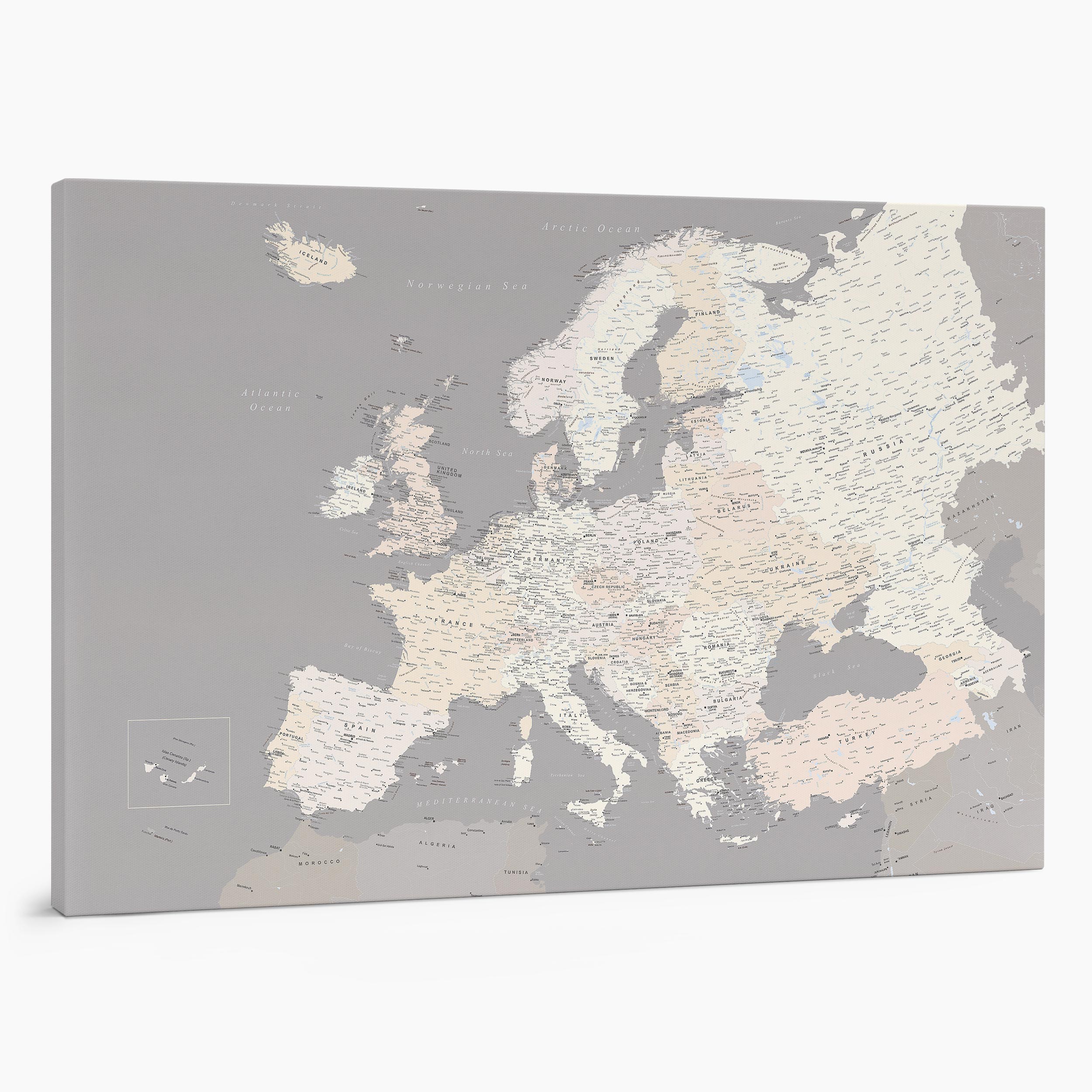 2EU large push pin europe map to track places visited on canvas grey cream