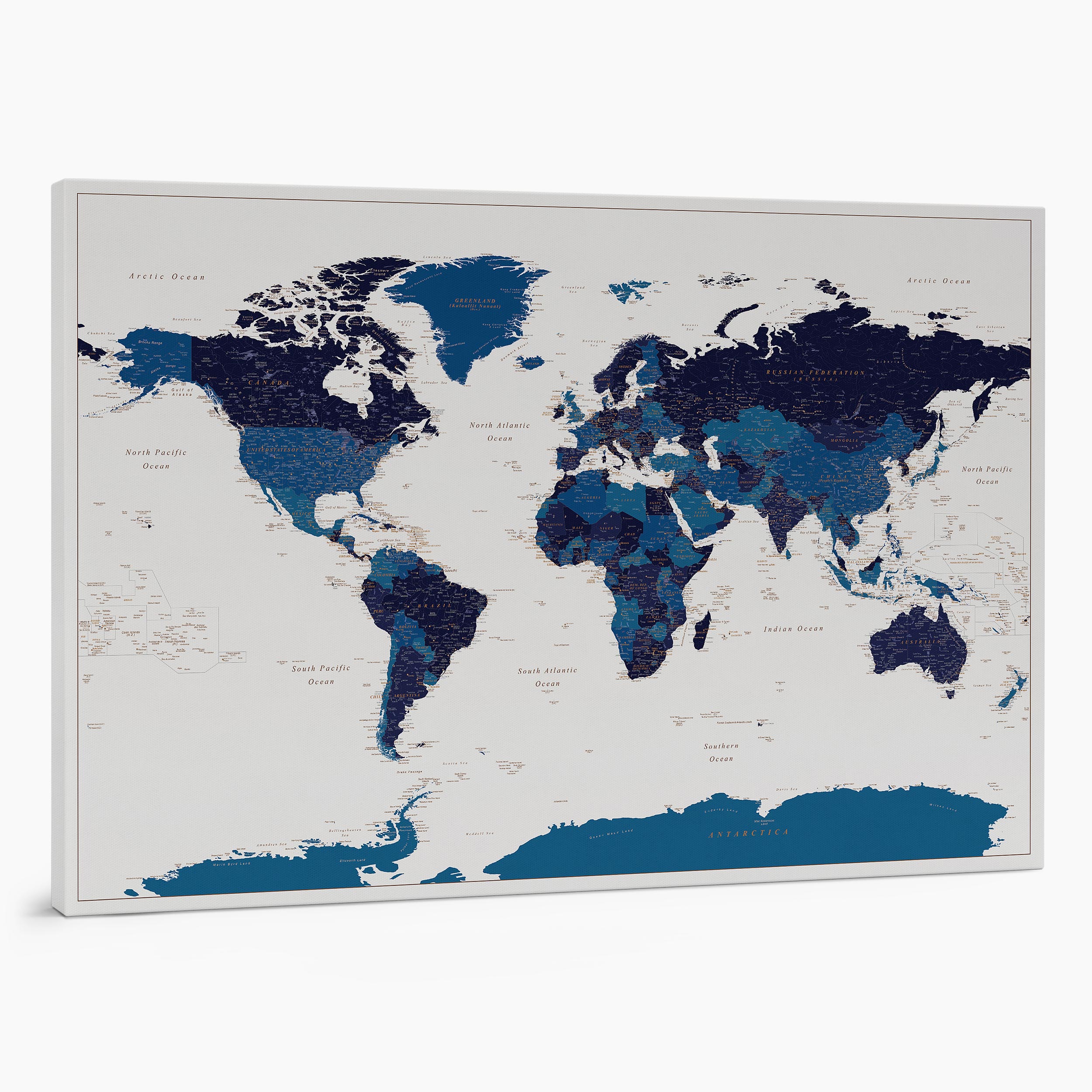 2P large push pin world map to track places visited on canvas modern blue