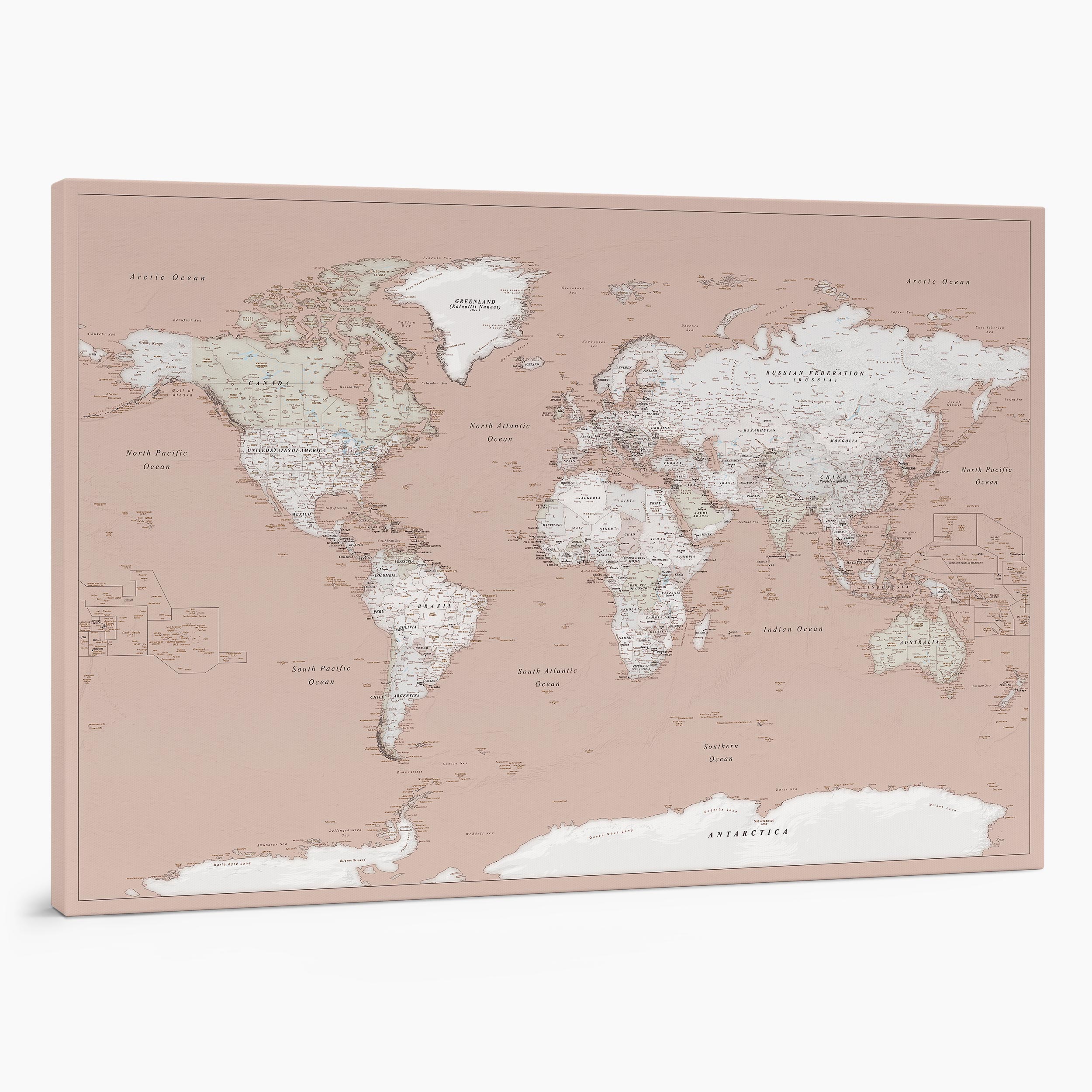 32P large push pin world map to track places visited on canvas dusty pink