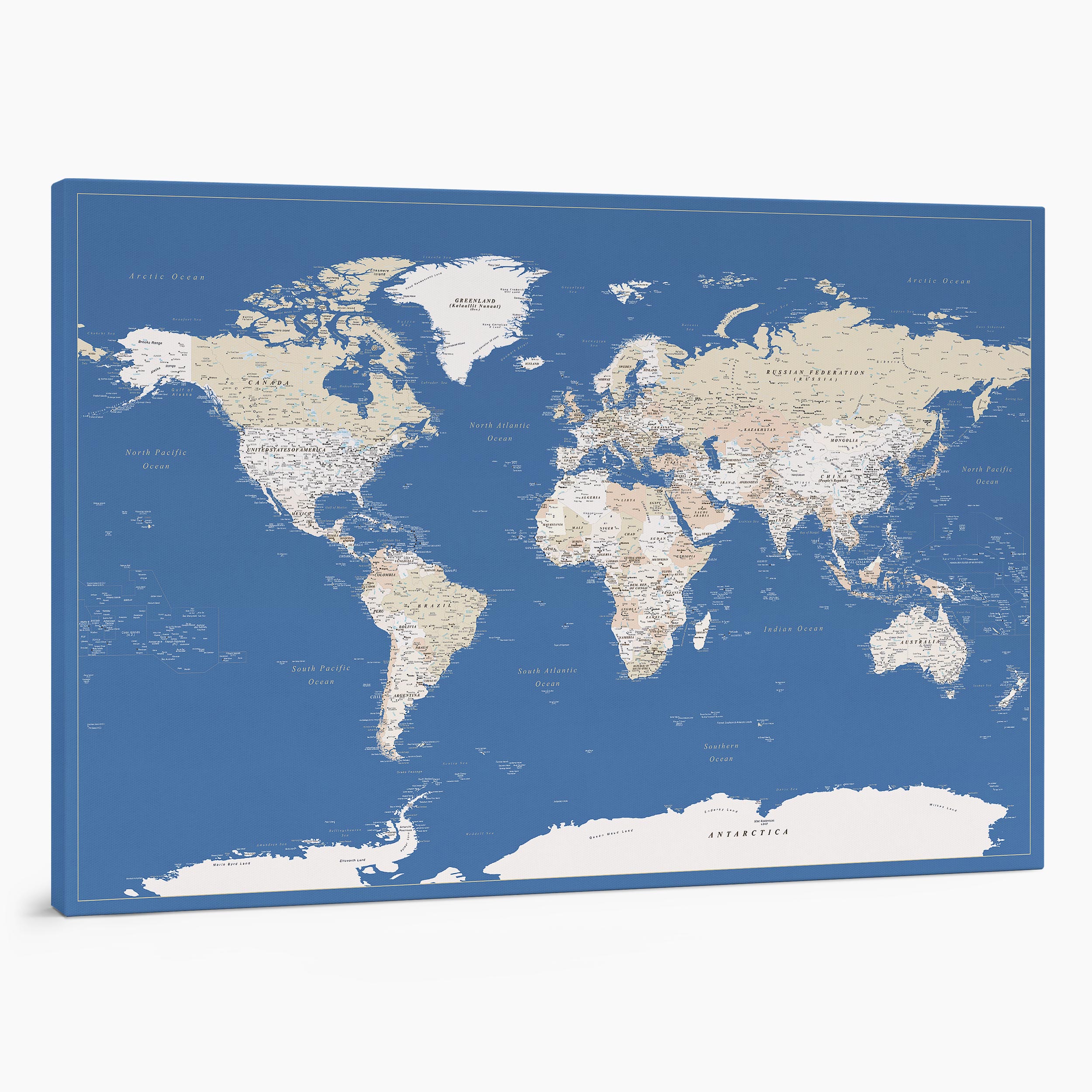 4P large push pin world map to track places visited on canvas blue cream