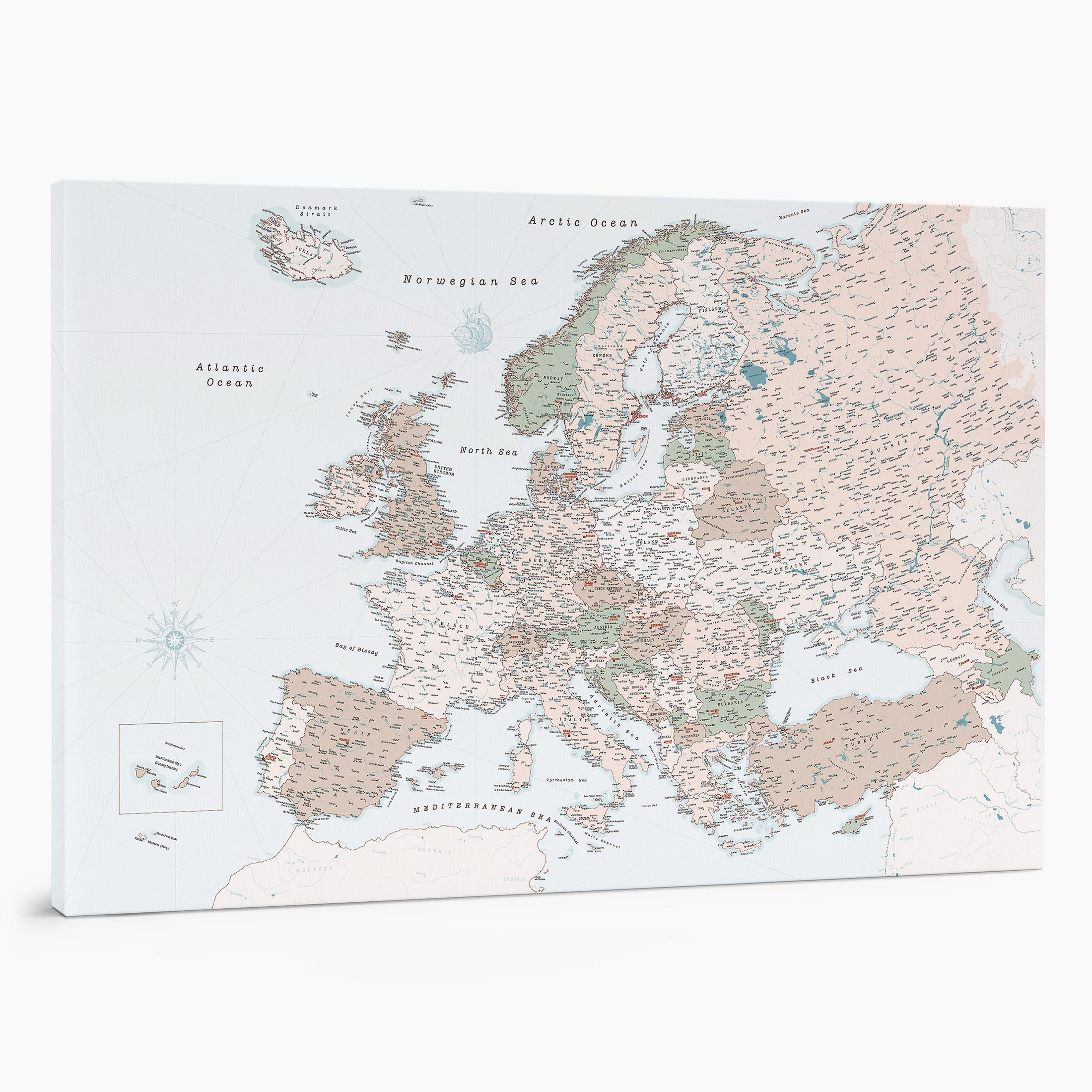 8EU large push pin europe map to track places visited on canvas retro