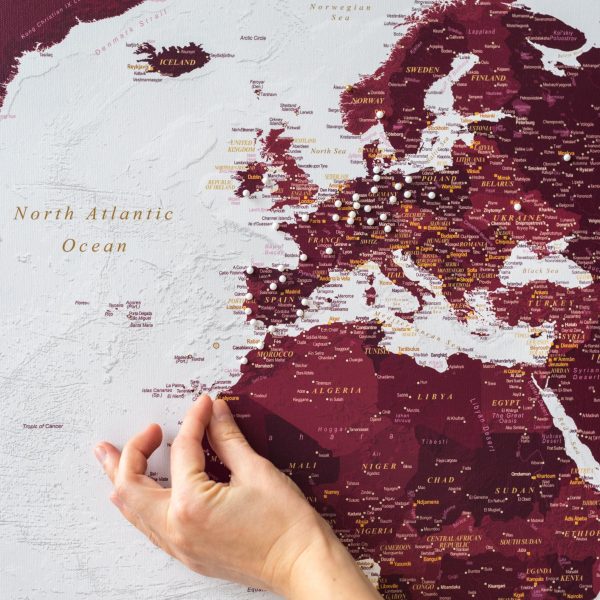 detailed accurate world map with pins burgundy 21p