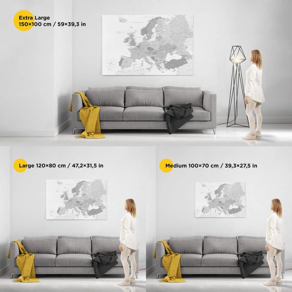 5EU large push pin europe map to track places visited on canvas grey white