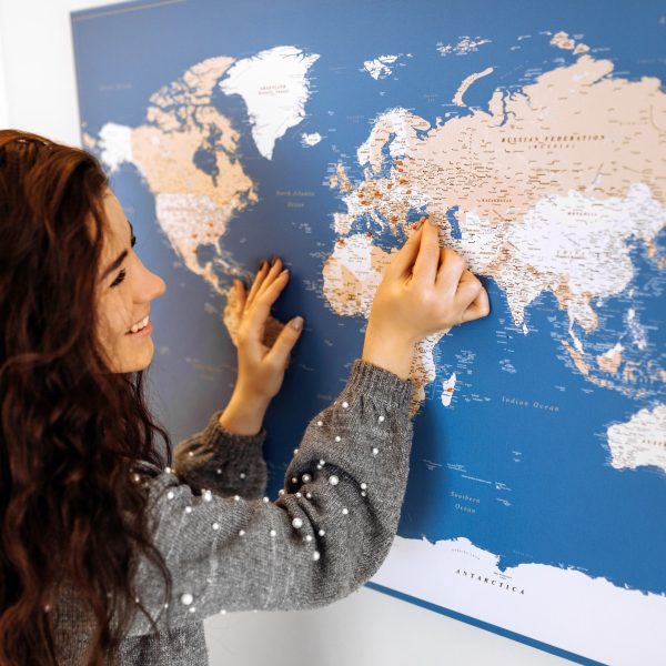 large pinnable world map corkboard blue 4p