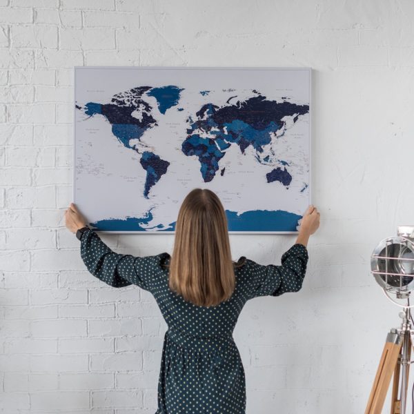 large world map to track places visited navy blue 2p