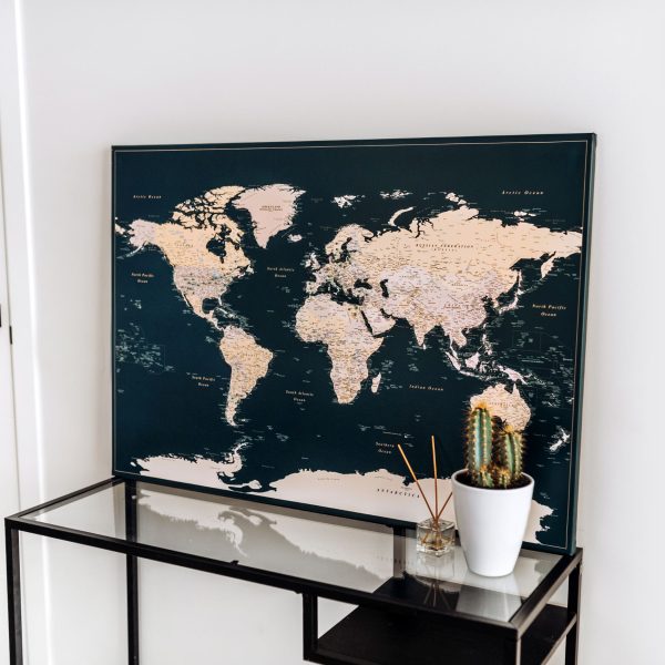 travel home decor and gift idea world map with pins dark green 6p