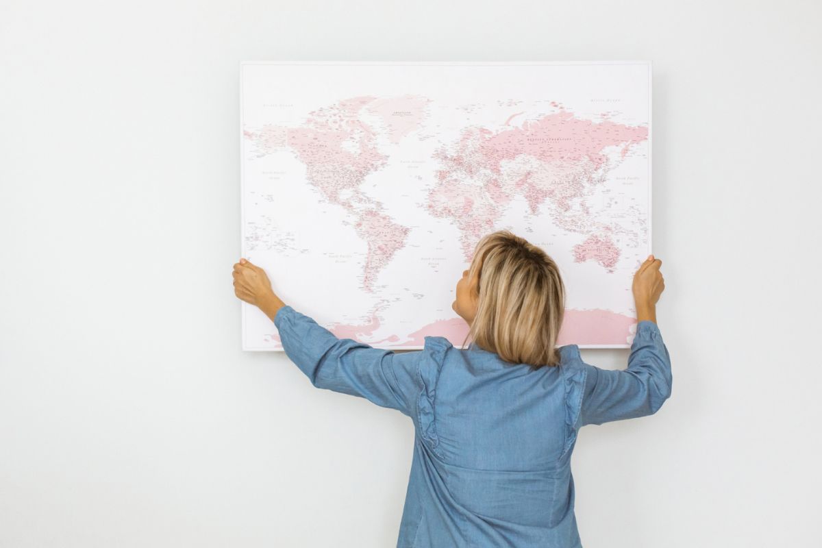 canvas pink world map wall art with pins