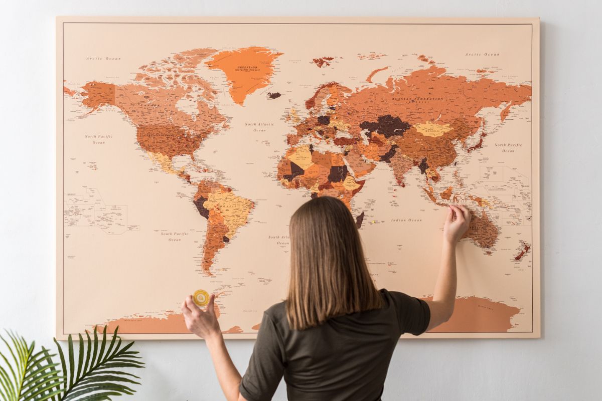 detailed push pin world map on canvas