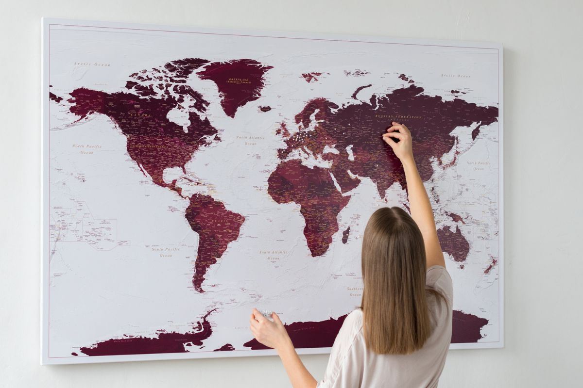giant political world map canvas with pins