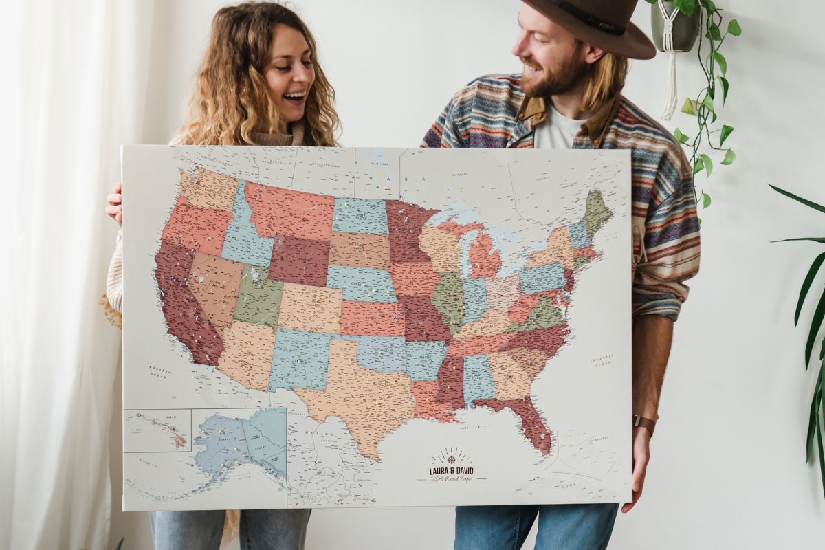 large Couples Travel Map personalized with pins