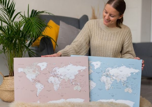 small canvas world map pin board dusty pink 3mp