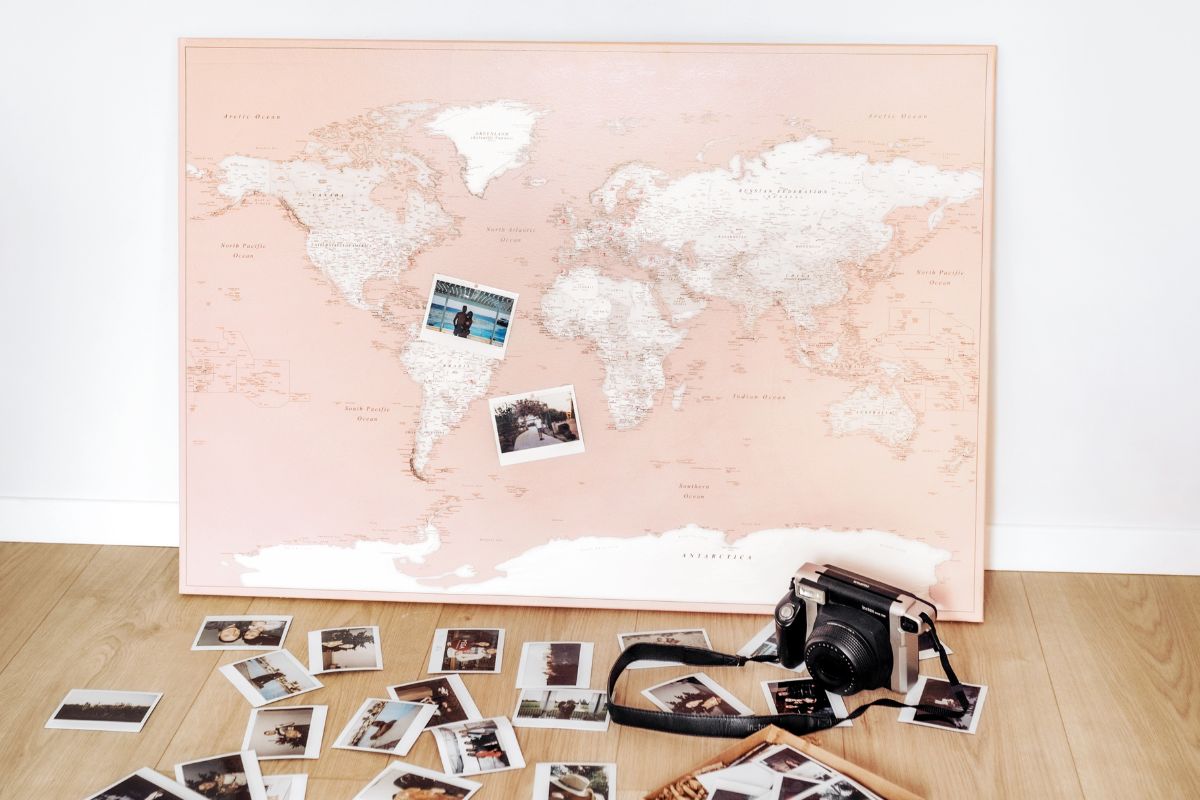 travel vision board world map to mark places you have been and want to travel