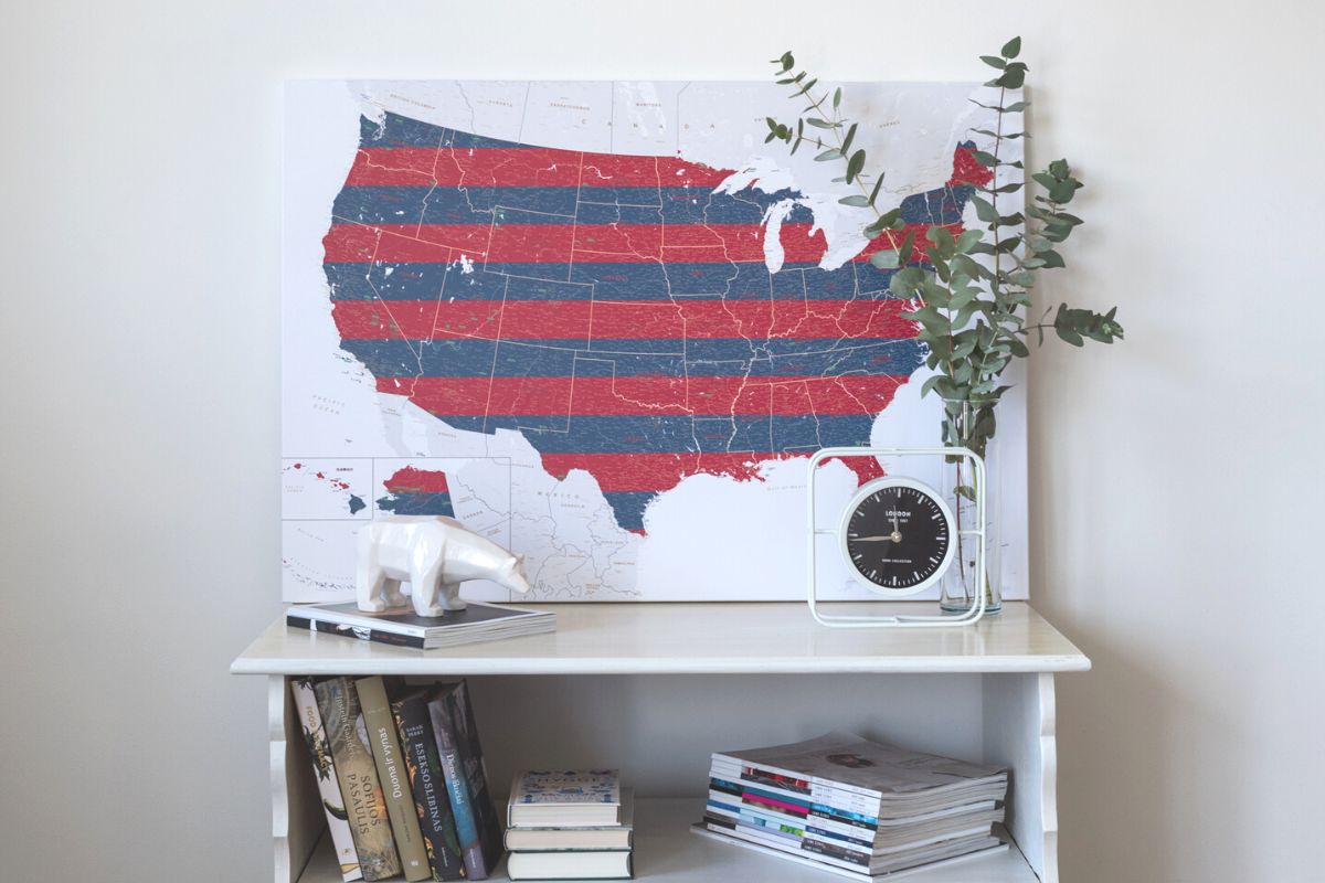 wall art map of the USA with states and cities