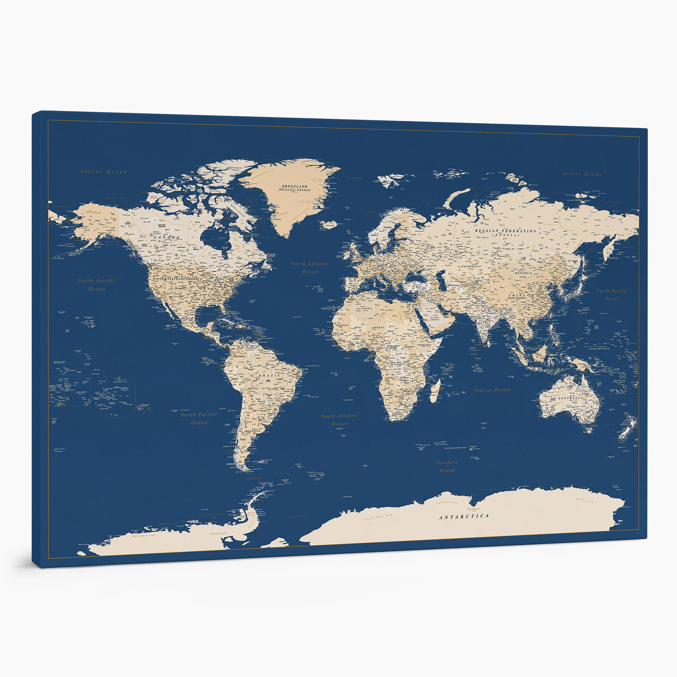 14P large push pin world map to track places visited on canvas dark blue