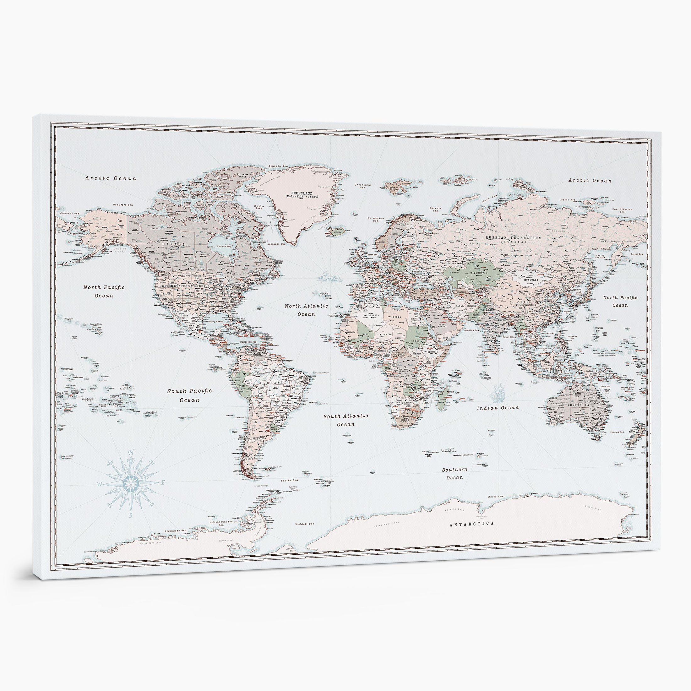 18P large push pin world map to track places visited on canvas retro