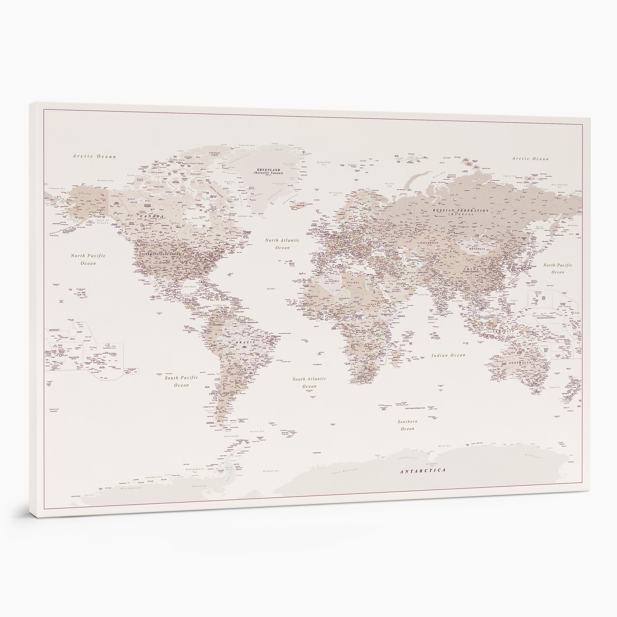 24P large push pin world map to track places visited on canvas desert sand beige