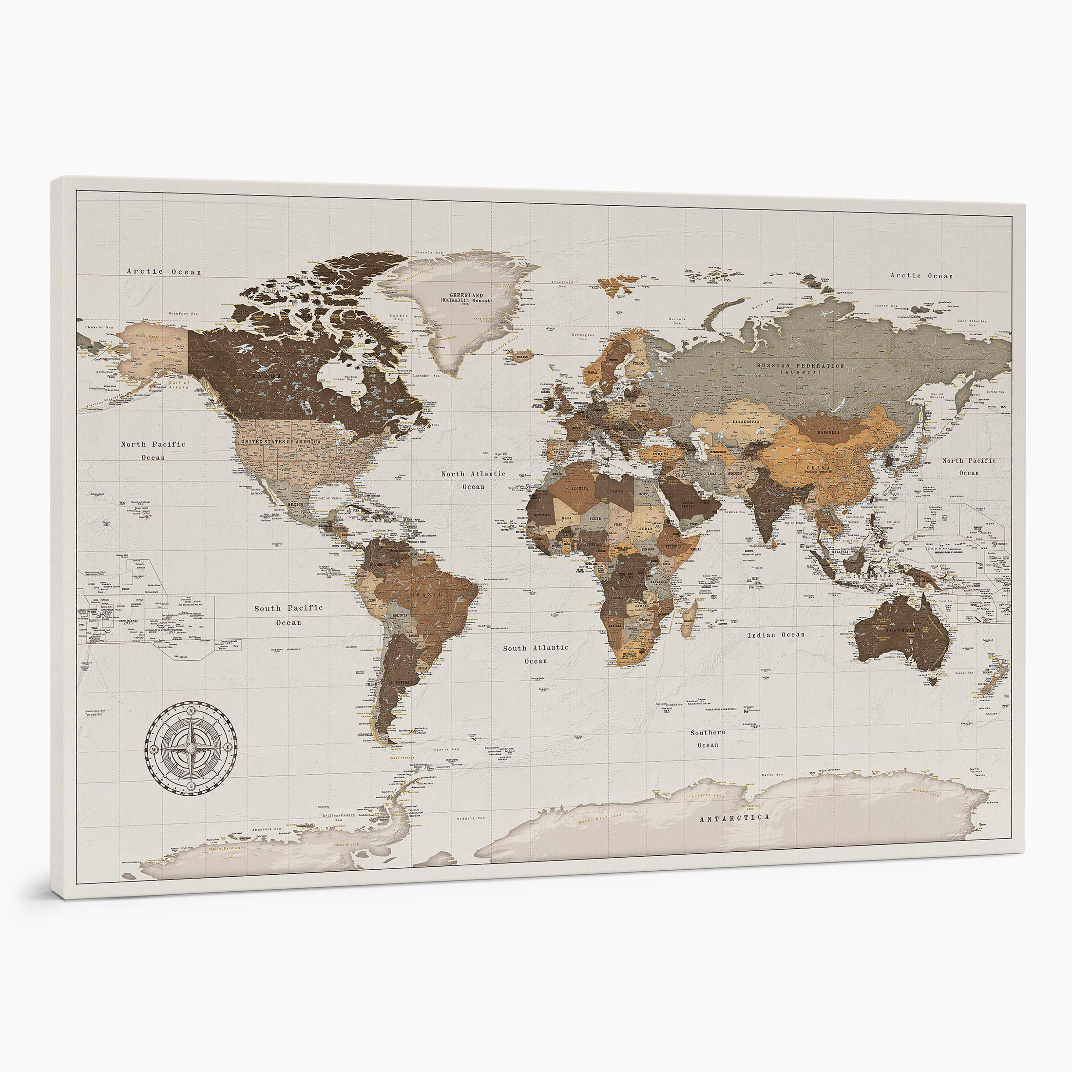 29P large push pin world map to track places visited on canvas safari brown