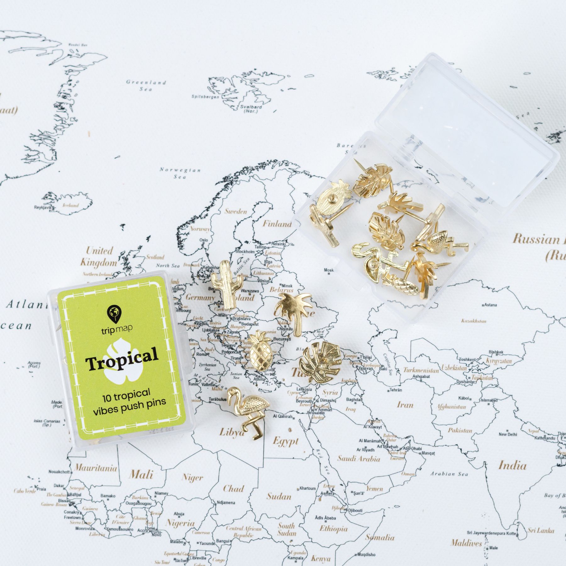 Gold tropical Map Push Pins - Tacks with Stainless Point - Marking Pins
