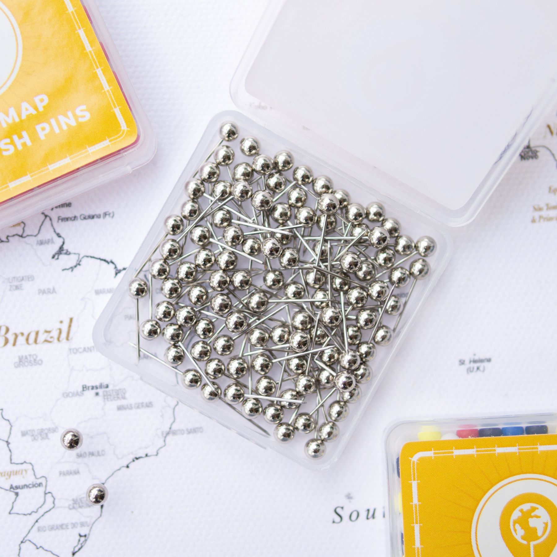 Map Push Pins silver - Round Head Tacks with Stainless Point - Metallic Finish - Marking Pins