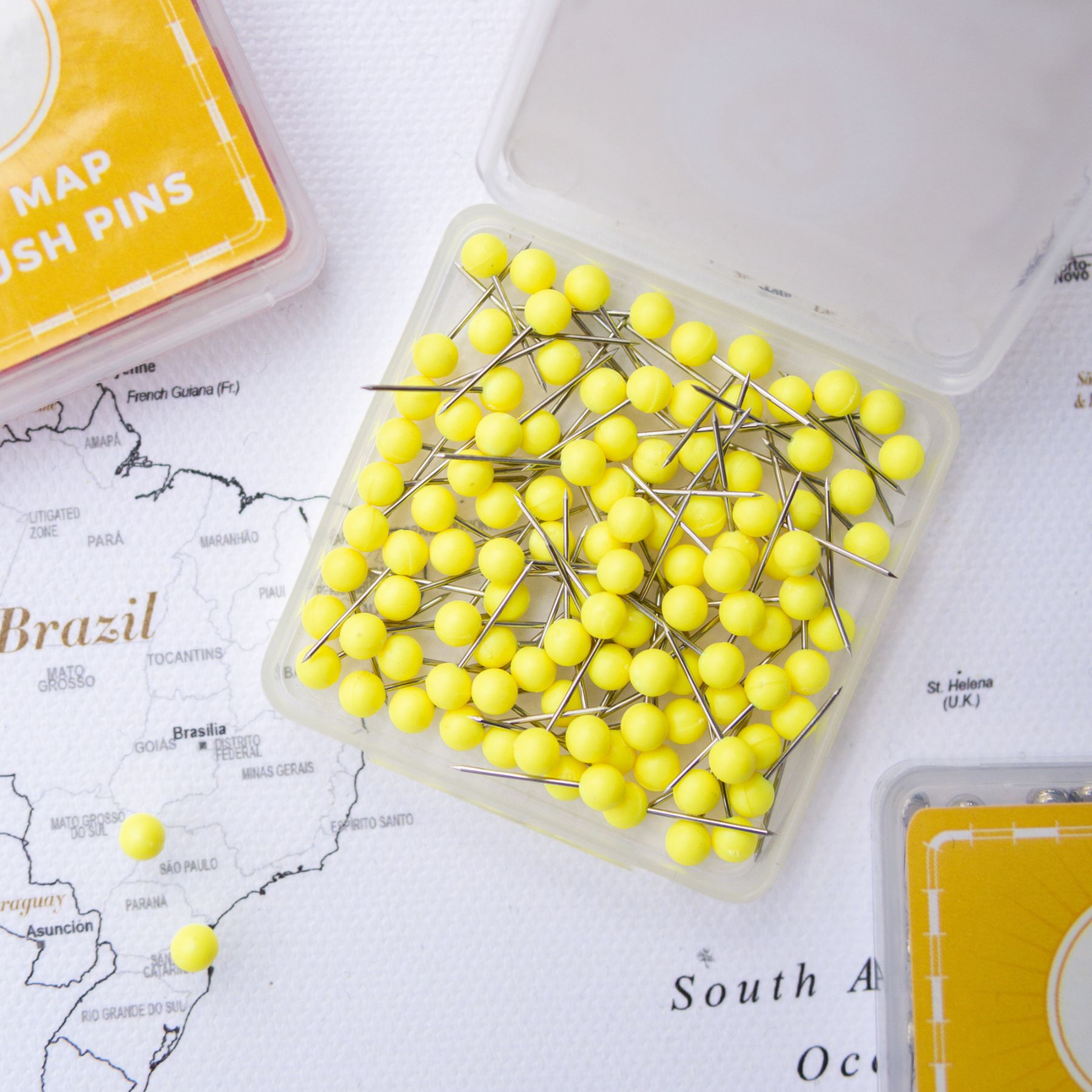 Map Push Pins yellow - Round Head Tacks with Stainless Point - Metallic Finish - Marking Pins