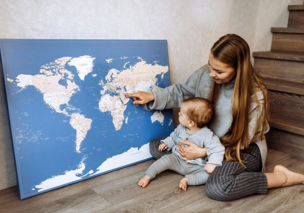 detailed large world map on canvas blue 4p