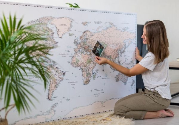 detailed personalized travelers world map with pins retro 18p