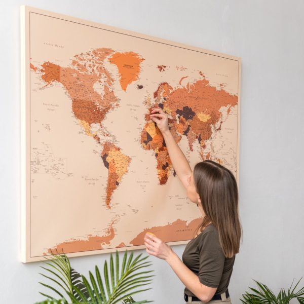 detailed pin board world map brown 11p