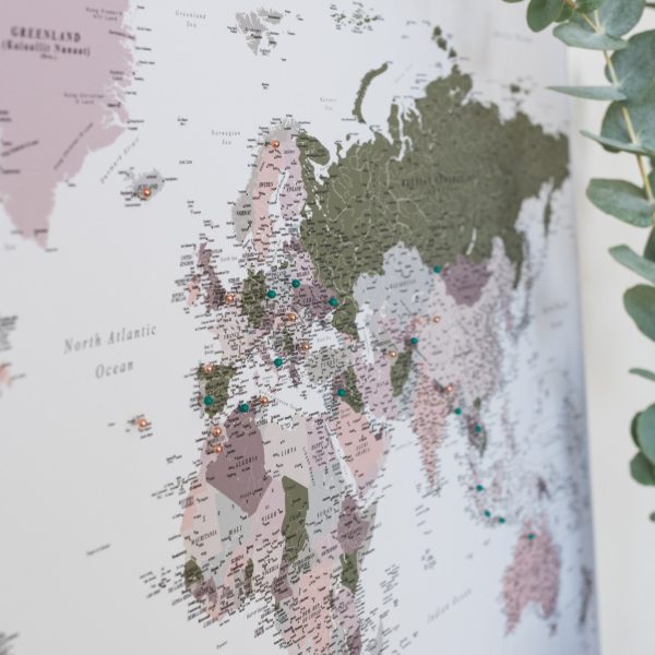 detailed world map corkboard on canvas green violet 15p
