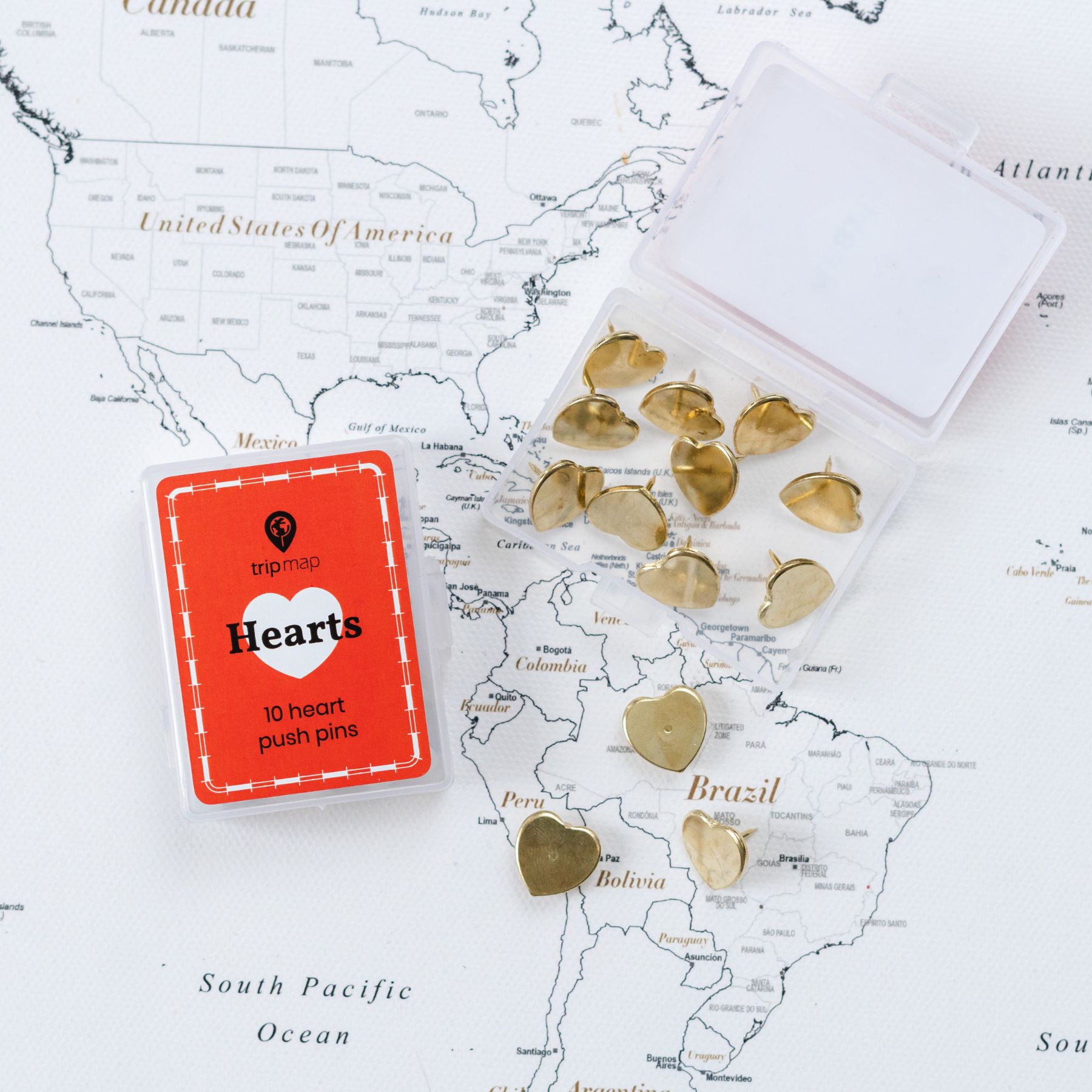 gold hearts Map Push Pins - Tacks with Stainless Point - Marking Pins