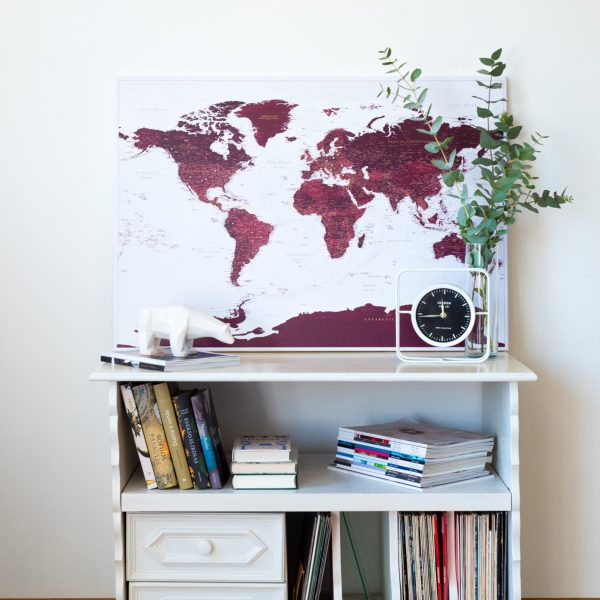modern world map home decor burgundy 21p