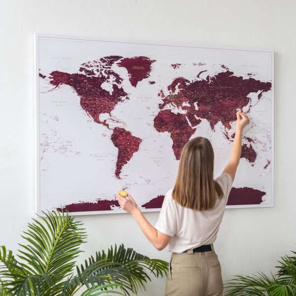 personalized large world map pin board burgundy 21p