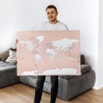 push pin world map on canvas dusty pink 32p