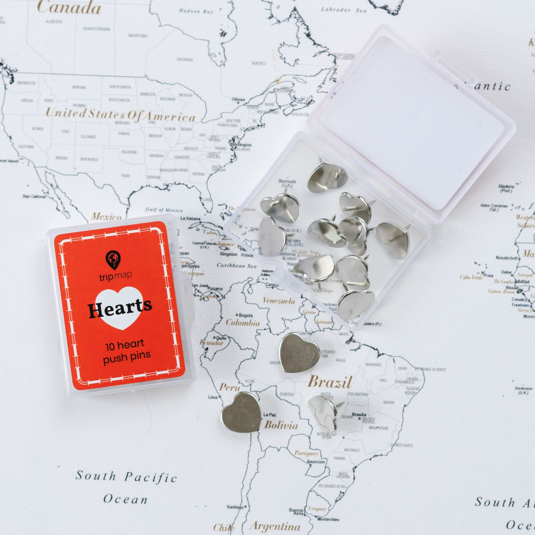 silver Heart Map Push Pins - Tacks with Stainless Point - Marking Pins