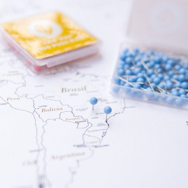 small light blue map push pin to mark travels