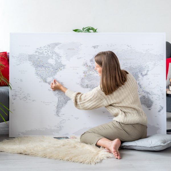 travel gift for woman and man world map grey 13p