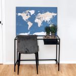 world map with pins on canvas blue 4p